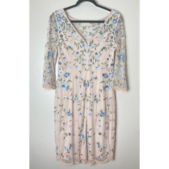 ADRIANNA PAPELL DRESS 6 FLORAL EMBROIDERED BEADED SHEATH SHORT COCKTAIL BEIGE - Picture 2 of 16